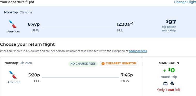 Non-stop flights from Dallas, Texas to Fort Lauderdale for only $97 roundtrip with American Airlines. Also works in reverse. Flight deal ticket image.