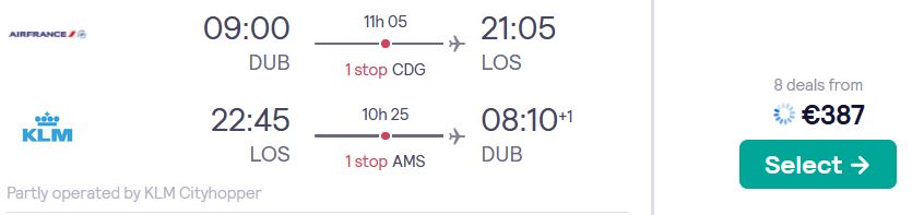 Cheap flights from Dublin, Ireland to Lagos, Nigeria for only €387 roundtrip with Air France and KLM. Flight deal ticket image.