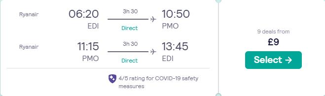 Click here to book this cheap flight deal. Non-stop flights from Edinburgh, Scotland to Sicily for only £9 roundtrip. Flight deal ticket image.