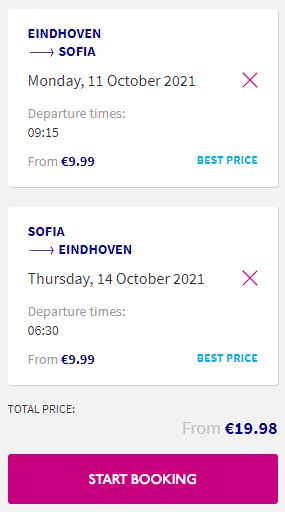 Non-stop flights from Eindhoven, Netherlands to Sofia, Bulgaria for only €19 roundtrip. Flight deal ticket image.