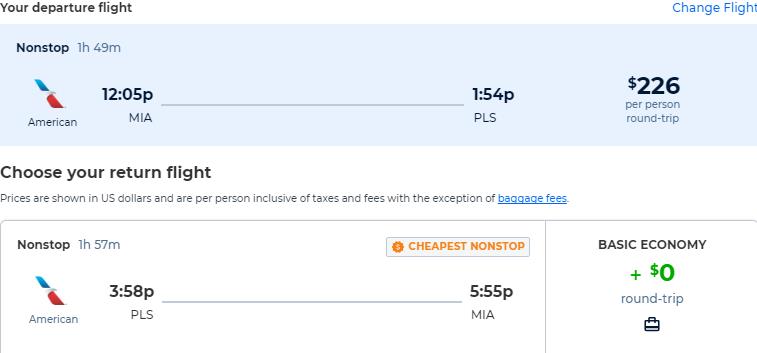 Non-stop flights from Miami to Turks and Caicos for only $226 roundtrip with American Airlines. Flight deal ticket image.