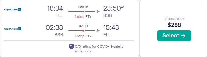 Cheap flights from Fort Lauderdale to Brasilia, Brazil for only $288 roundtrip with Copa Airlines. Flight deal ticket image.