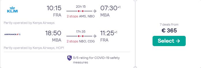 Cheap flights from German cities to Mombasa, Kenya from only €365 roundtrip with KLM and Air France. Flight deal ticket image.