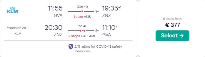 Cheap flights from Geneva, Switzerland to Zanzibar, Tanzania for only €377 roundtrip with KLM. Flight deal ticket image.