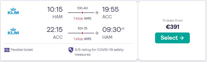 Cheap flights from Hamburg, Germany to Accra, Ghana for only €391 roundtrip with KLM. Flight deal ticket image.