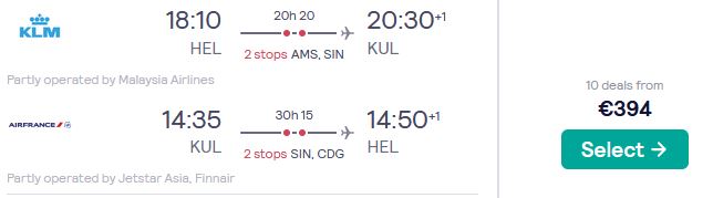 Cheap flights from Helsinki, Finland to Kuala Lumpur, Malaysia for only €394 roundtrip with KLM, Malaysia Airlines, Air France and Finnair. Flight deal ticket image.