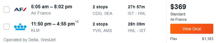 Cheap flights from Istanbul, Turkey to Honolulu, Hawaii for only €317 roundtrip with Air France, KLM and Delta Air Lines. Flight deal ticket image.