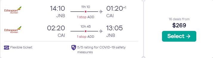 Cheap flights from Johannesburg, South Africa to Cairo, Egypt for only $269 USD roundtrip. Flight deal ticket image.