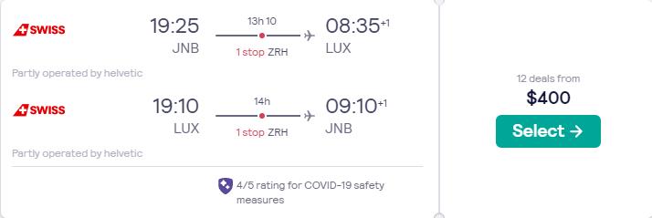 Click here to book this cheap flight deal. Summer flights from Johannesburg, South Africa to Luxembourg for only $400 USD roundtrip with Swiss International Air Lines. Flight deal ticket image.