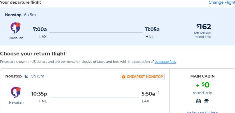 Non-stop flights from Los Angeles to Honolulu, Hawaii for only $162 roundtrip. Also works in reverse. Flight deal ticket image.