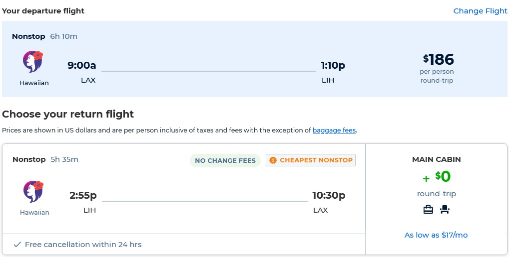 Non-stop flights from Los Angeles to Lihue, Hawaii for only $186 roundtrip. Also works in reverse. Flight deal ticket image.