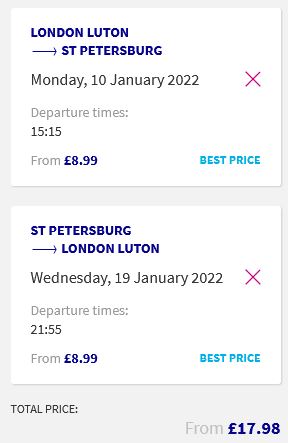 Non-stop flights from London, UK to St. Petersburg, Russia for only £17 roundtrip. Flight deal ticket image.
