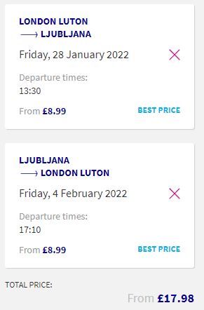 Non-stop flights from London, UK to Ljubljana, Slovenia for only £17 roundtrip. Flight deal ticket image.