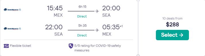 Non-stop flights from Mexico City, Mexico to Seattle, USA for only $288 USD roundtrip with Aeromexico. Flight deal ticket image.