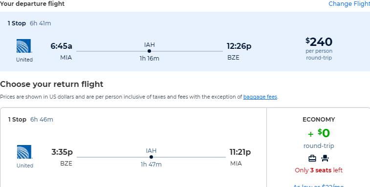 Cheap flights from Miami to Belize City, Belize for only $240 roundtrip with United Airlines. Flight deal ticket image.