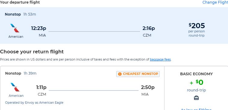 Non-stop flights from Miami to Cozumel, Mexico for only $205 roundtrip with American Airlines. Flight deal ticket image.