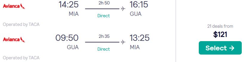 Cheap flights from US cities to Guatemala City, Guatemala from only $121 roundtrip with Avianca. Flight deal ticket image.