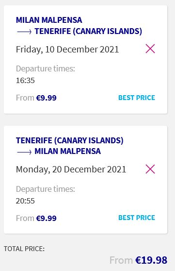 Non-stop flights from Milan, Italy to Tenerife, Spain for only €19 roundtrip. Flight deal ticket image.