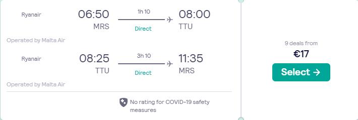 Click here to book this cheap flight deal. Non-stop flights from Marseille, France to Tetouan, Morocco for only €17 roundtrip. Flight deal ticket image.