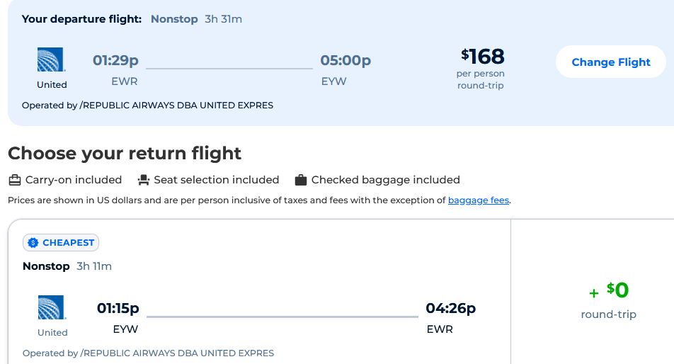Non-stop flights from New York to Key West, Florida for only $168 roundtrip with United Airlines. Also works in reverse. Flight deal ticket image.