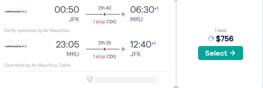 Cheap flights from New York to Mauritius for only $756 roundtrip with Air France. Flight deal ticket image.