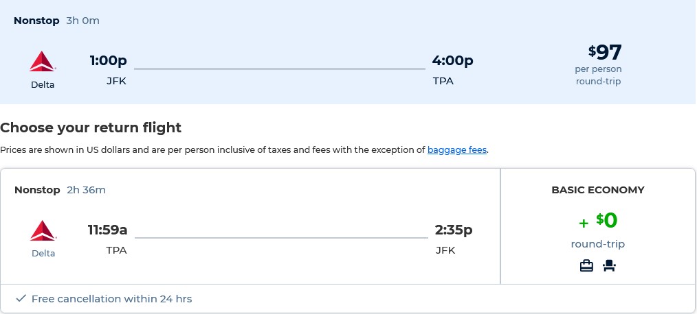 Non-stop flights from New York to Tampa, Florida for only $97 roundtrip with Delta Air Lines. Also works in reverse. Flight deal ticket image.