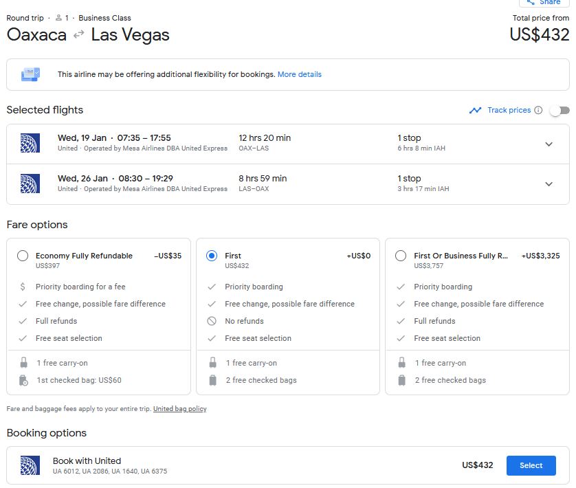 Business Class flights from Oaxaca, Mexico to Las Vegas, USA for only $432 USD roundtrip with United Airlines. Flight deal ticket image.