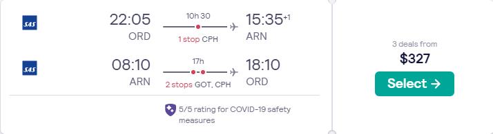 Cheap flights from Chicago to European cities from only $327 roundtrip with SAS. Flight deal ticket image.