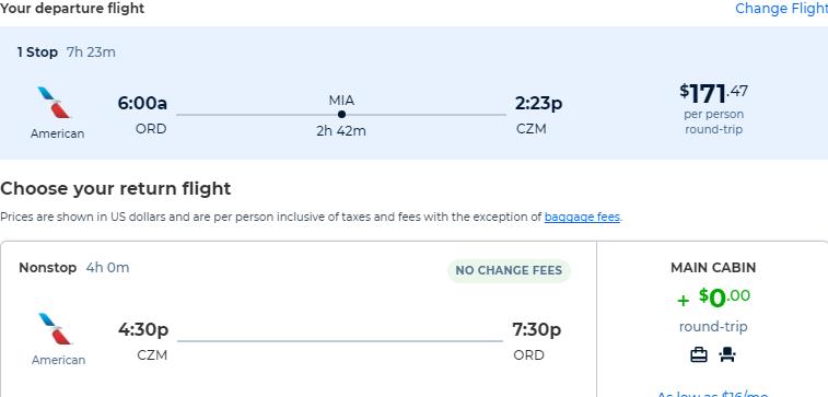 Cheap flights from Chicago to Cozumel, Mexico for only $171 roundtrip with American Airlines. Flight deal ticket image.