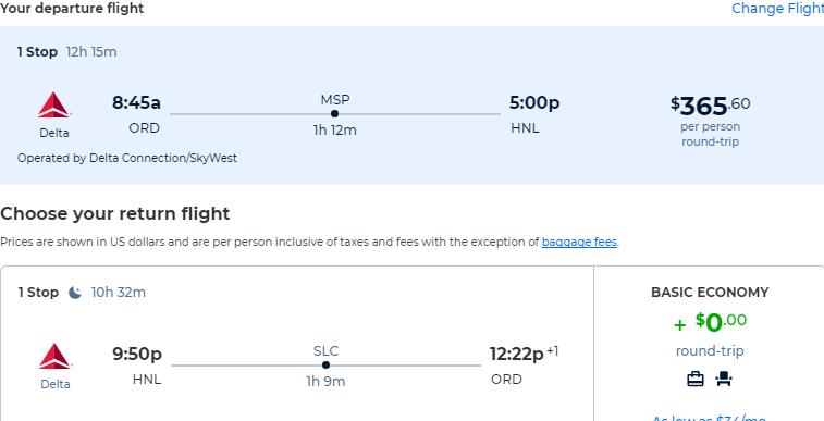 Cheap flights from Chicago to Honolulu, Hawaii for only $365 roundtrip with Delta Air Lines. Also works in reverse. Flight deal ticket image.