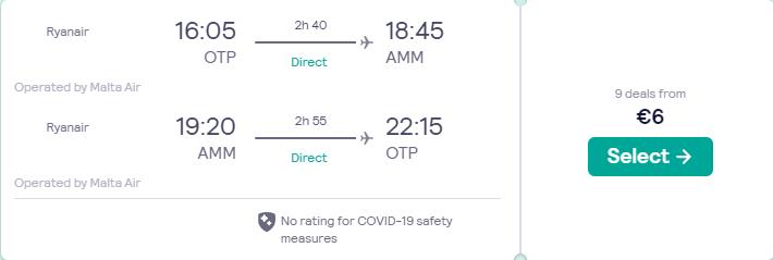 Non-stop flights from Bucharest, Romania to Amman, Jordan for only €6 roundtrip. Flight deal ticket image.