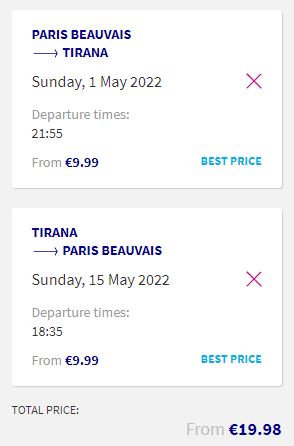 Non-stop flights from Paris, France to Tirana, Albania for only €19 roundtrip. Flight deal ticket image.