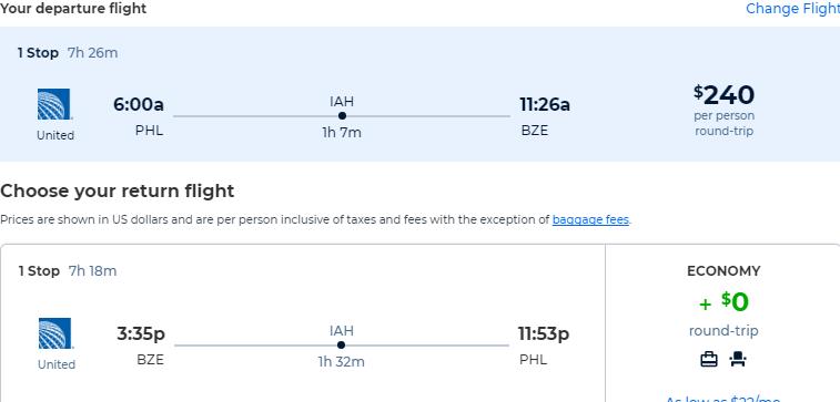 Cheap flights from Philadelphia to Belize City, Belize for only $240 roundtrip with United Airlines. Flight deal ticket image.
