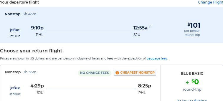 Non-stop flights from Philadelphia to San Juan, Puerto Rico for only $101 roundtrip with JetBlue. Flight deal ticket image.