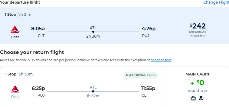 Cheap flights from Charlotte, North Carolina to the Dominican Republic for only $242 roundtrip with Delta Air Lines. Flight deal ticket image.