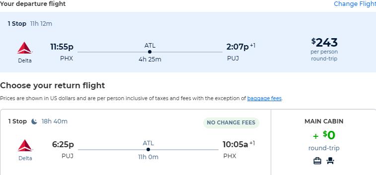 Cheap flights from Phoenix, Arizona to the Dominican Republic for only $243 roundtrip with Delta Air Lines. Flight deal ticket image.