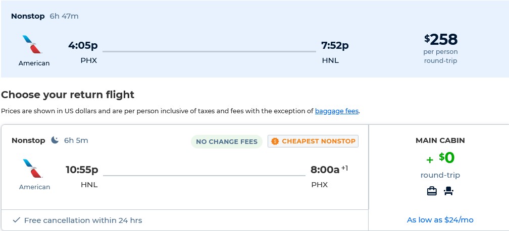 Non-stop flights from Phoenix, Arizona to Honolulu, Hawaii for only $258 roundtrip with American Airlines. Also works in reverse. Flight deal ticket image.