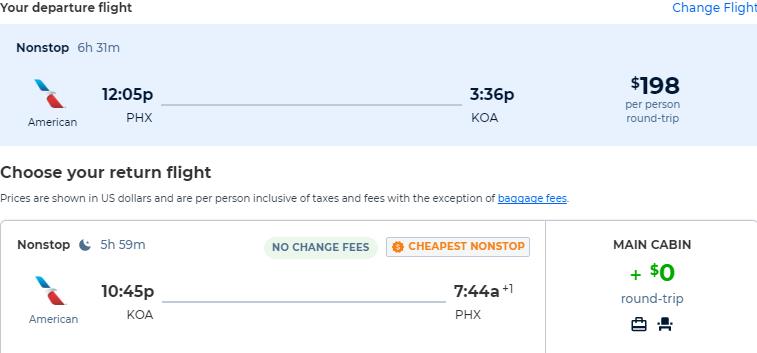 Non-stop flights from Phoenix, Arizona to Kona, Hawaii for only $198 roundtrip with American Airlines. Also works in reverse. Flight deal ticket image.