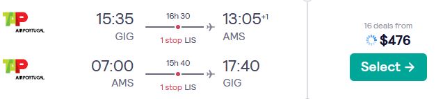 Cheap flights from Rio de Janeiro, Brazil to Amsterdam, Netherlands for only $476 USD roundtrip with TAP Air Portugal. Flight deal ticket image.
