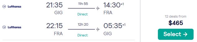 Non-stop flights from Rio de Janeiro, Brazil to Frankfurt, Germany for only $465 USD roundtrip with Lufthansa. Flight deal ticket image.