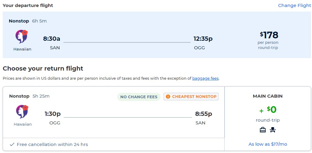 Non-stop flights from San Diego to Kahului, Hawaii for only $178 roundtrip with Hawaiian Airlines. Also works in reverse. Flight deal ticket image.