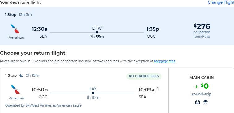 Cheap flights from Seattle to Kahului, Hawaii for only $276 roundtrip with American Airlines. Also works in reverse. Flight deal ticket image.