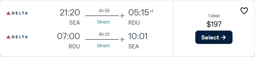 Non-stop flights from Seattle to Raleigh, North Carolina for only $197 roundtrip with Delta Air Lines. Also works in reverse. Flight deal ticket image.
