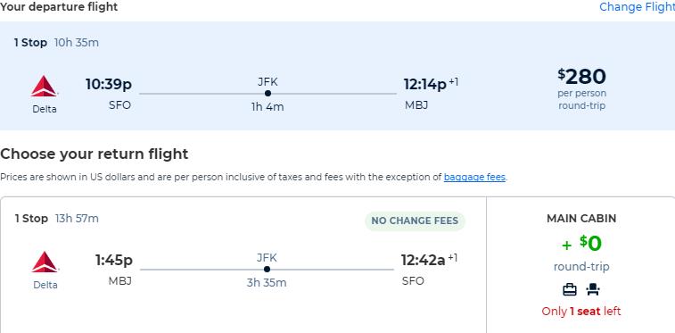 Cheap flights from San Francisco to Montego Bay, Jamaica for only $280 roundtrip with Delta Air Lines. Flight deal ticket image.