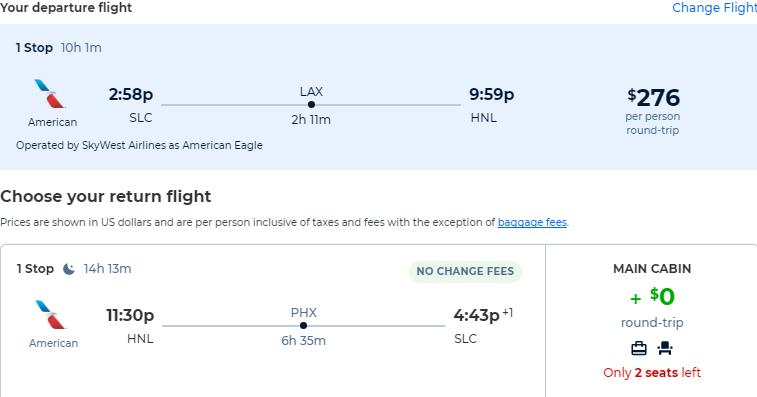 Cheap flights from Salt Lake City, Utah to Honolulu, Hawaii for only $276 roundtrip with American Airlines. Also works in reverse. Flight deal ticket image.