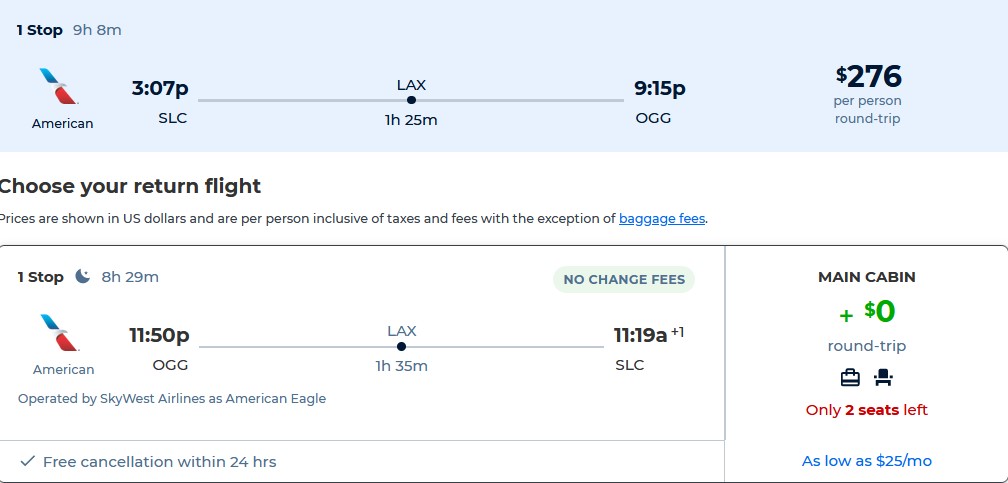 Cheap flights from Salt Lake City, Utah to Kahului, Hawaii for only $276 roundtrip with American Airlines. Also works in reverse. Flight deal ticket image.