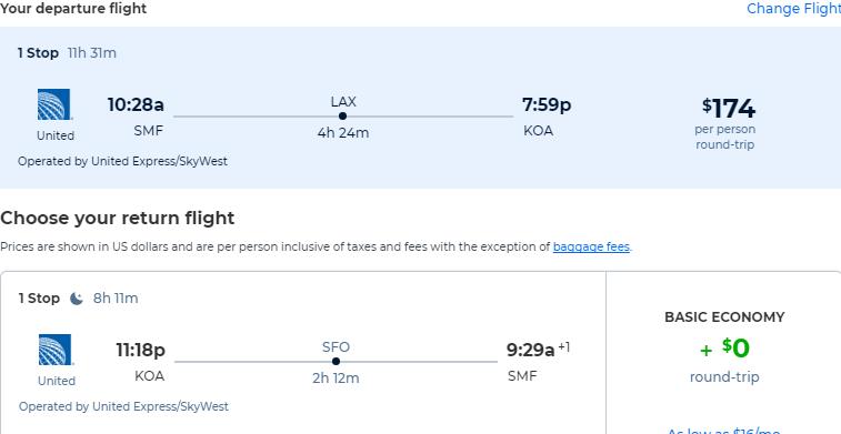Cheap flights from Sacramento, California to Kona, Hawaii for only $174 roundtrip with United Airlines. Also works in reverse. Flight deal ticket image.