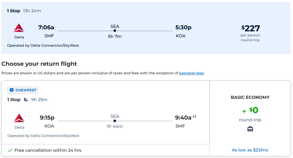 Cheap flights from Sacramento, California to Kona, Hawaii for only $227 roundtrip with Delta Air Lines. Also works in reverse. Flight deal ticket image.