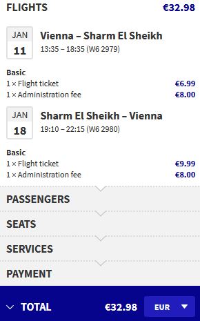 Non-stop flights from Vienna, Austria to Sharm el Sheikh, Egypt for only €32 roundtrip. Flight deal ticket image.