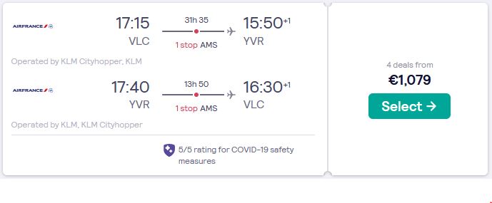 Business Class flights from Valencia, Spain to Vancouver, Canada for only €1079 roundtrip with KLM. Flight deal ticket image.